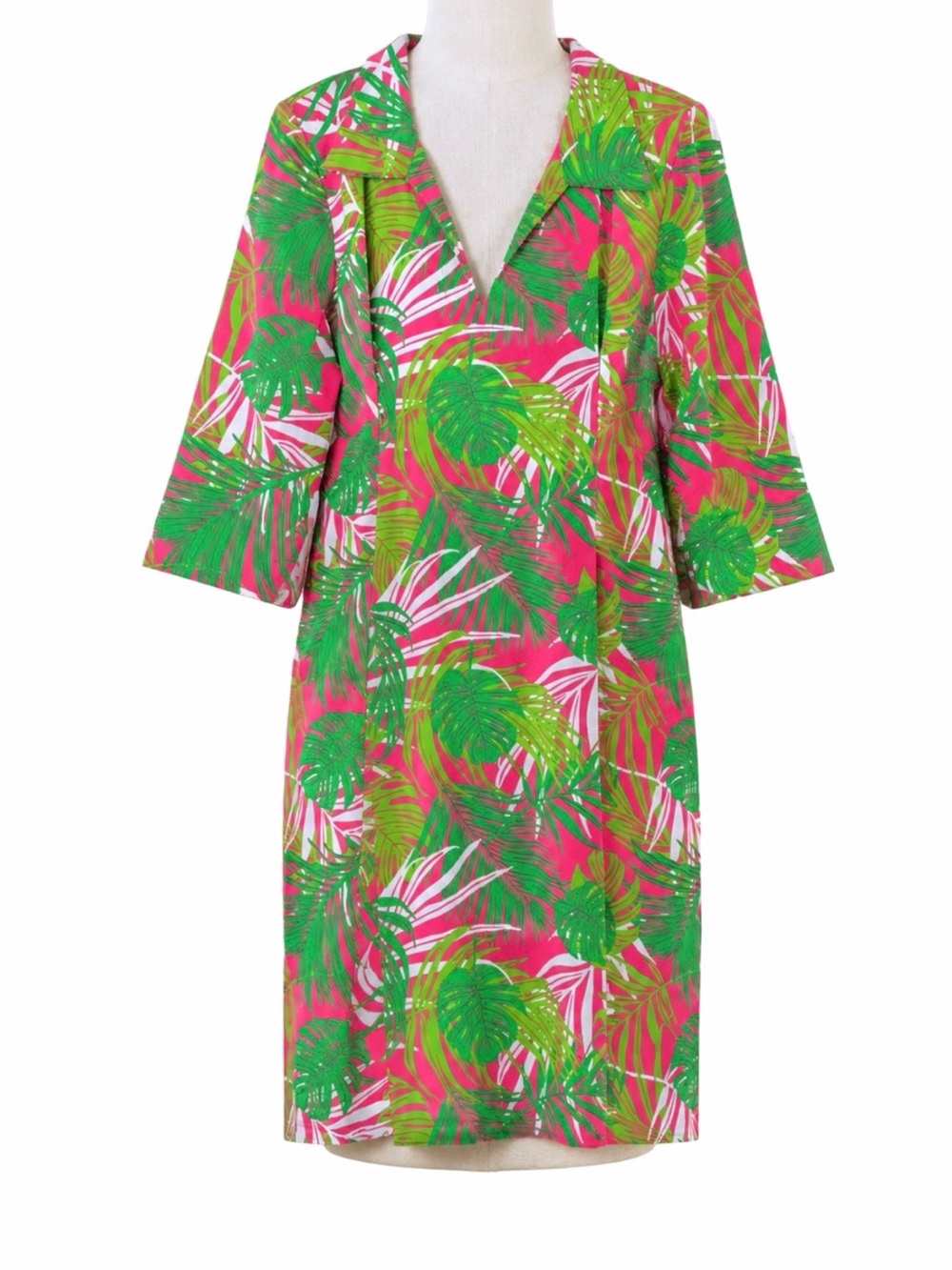 Katherine Way Nola Collared Midi Dress Women's 2X Green Pink 3/4 Sleeves NEW